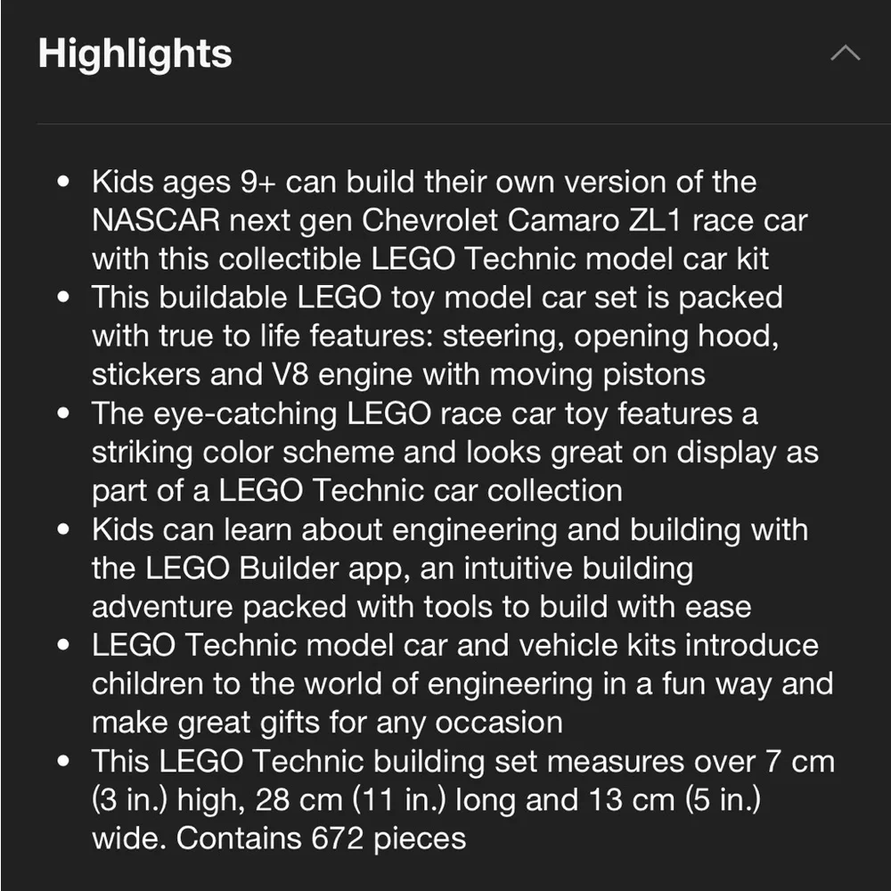 LEGO Technic NASCAR Next Gen Chevrolet Camaro ZL1 NWT - Picture 4 of 8